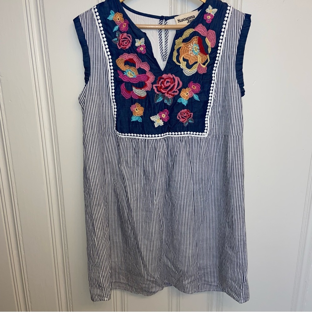 Savanah Jane Women Medium Sleeveless Boho Mini Dress Embroidered Floral Placket